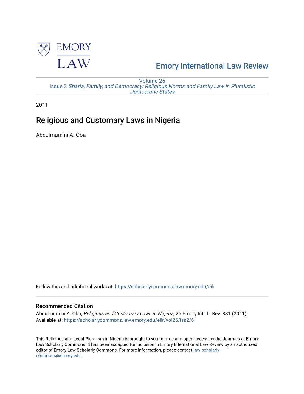 Religious and Customary Laws in Nigeria