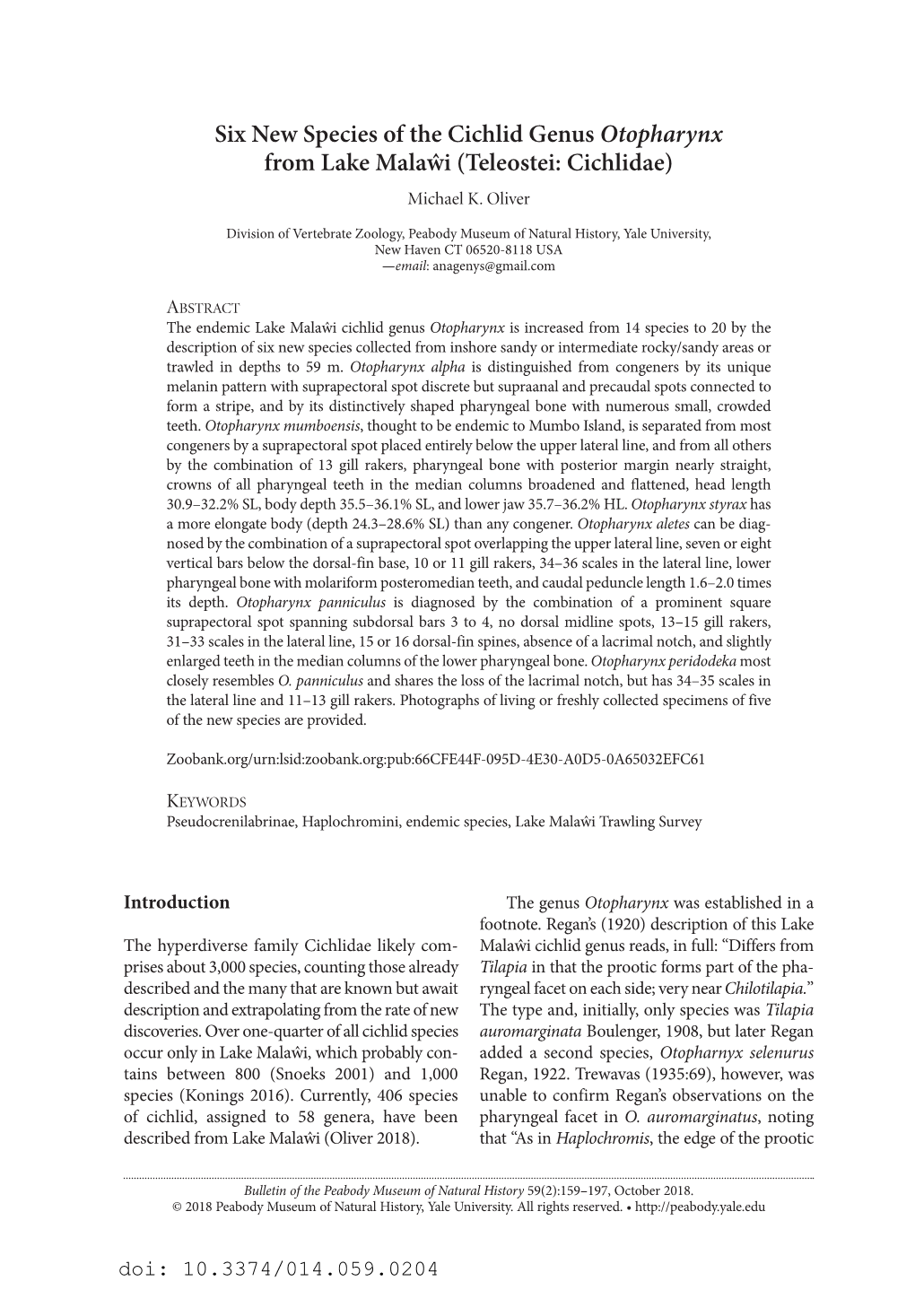 Six New Species of the Cichlid Genus Otopharynx from Lake Malaŵi (Teleostei: Cichlidae) Michael K