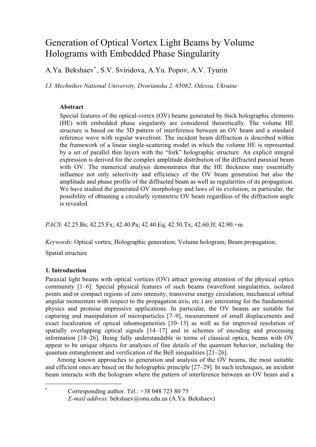 Generation of Optical Vortex Light Beams by Volume Holograms with Embedded Phase Singularity