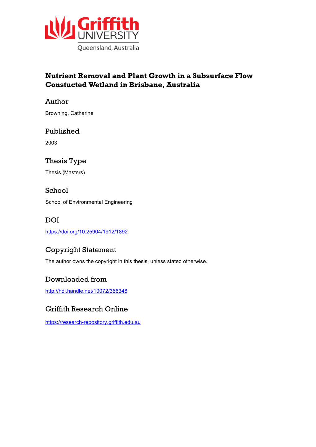 Nutrient Removal and Plan T T Growth in a Subsurface Flo