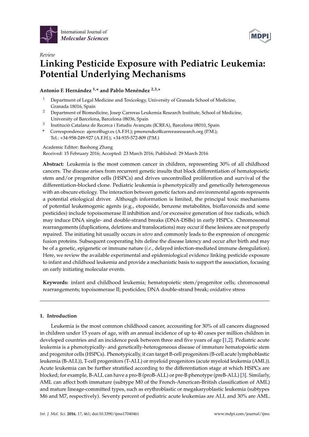 Linking Pesticide Exposure with Pediatric Leukemia: Potential Underlying Mechanisms