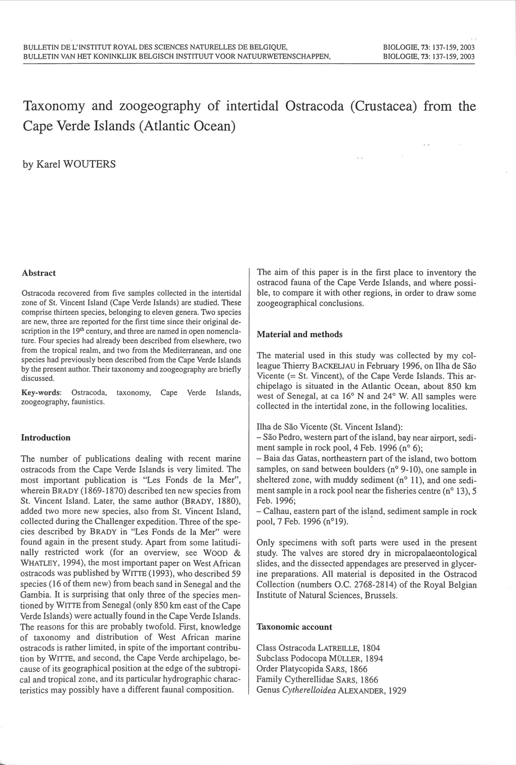 Taxonomy and Zoogeography of Intertidal Ostracoda (Crustacea) from the Cape Verde Islands (Atlantic Ocean)