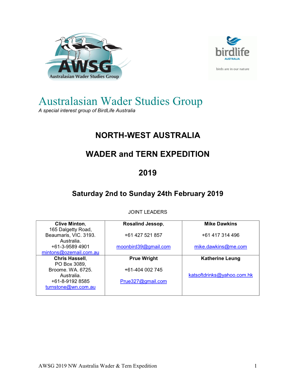 Australasian Wader Studies Group a Special Interest Group of Birdlife Australia