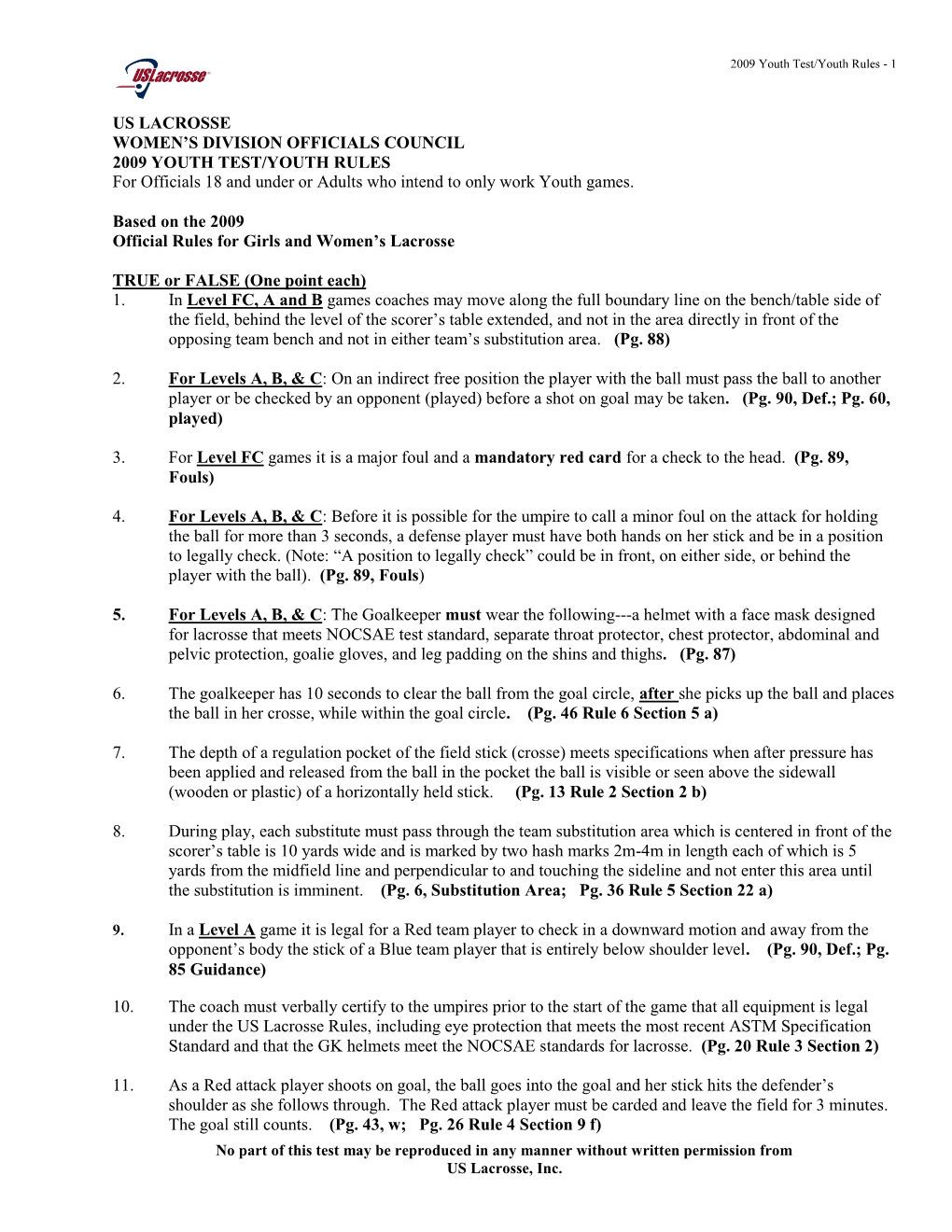 US LACROSSE WOMEN’S DIVISION OFFICIALS COUNCIL 2009 YOUTH TEST/YOUTH RULES for Officials 18 and Under Or Adults Who Intend to Only Work Youth Games