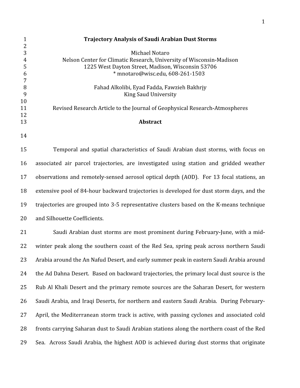 1 Trajectory Analysis of Saudi Arabian Dust Storms 1 2 Michael Notaro 3