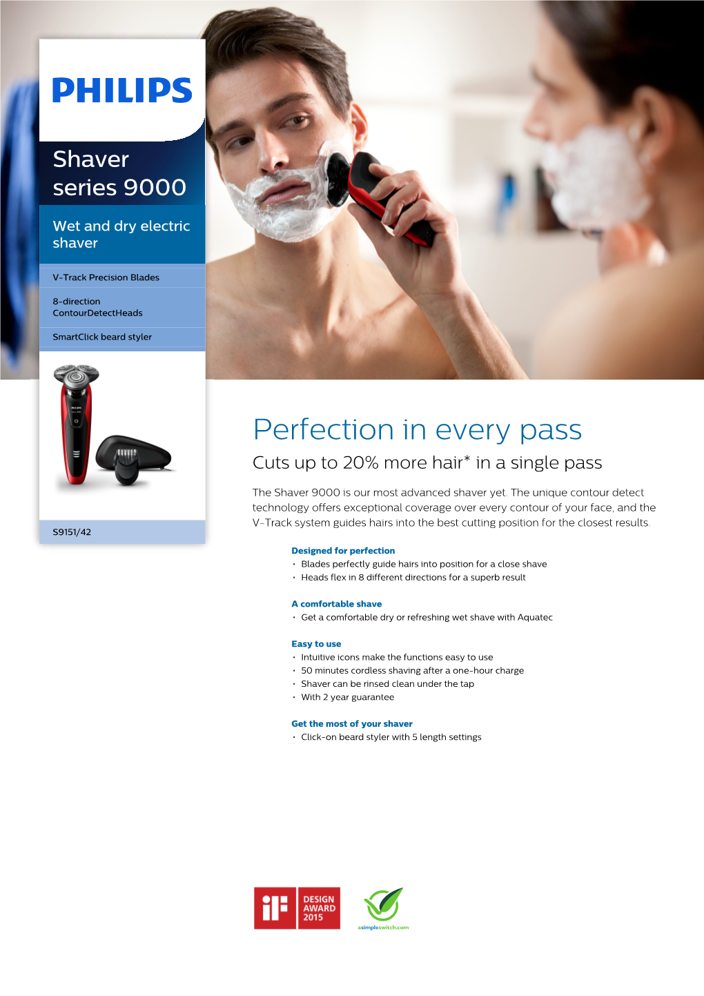 S9151/42 Philips Wet and Dry Electric Shaver with Smartclick Beard Styler and Aquatec Wet &