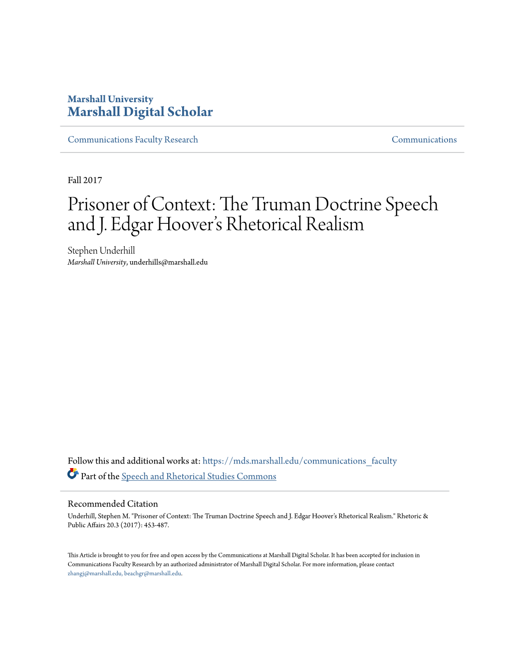 The Truman Doctrine Speech and J. Edgar Hoover’S Rhetorical Realism