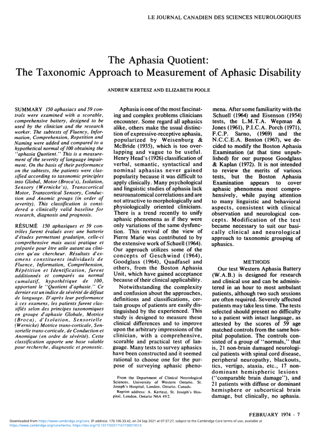 The Aphasia Quotient: the Taxonomic Approach to Measurement of Aphasic Disability