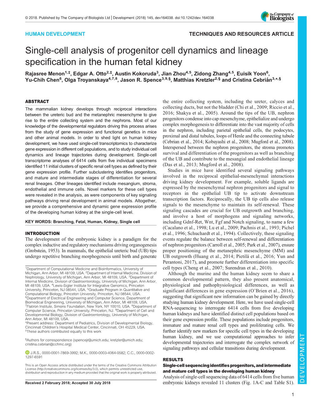 Single-Cell Analysis of Progenitor Cell Dynamics and Lineage Specification in the Human Fetal Kidney Rajasree Menon1,‡, Edgar A