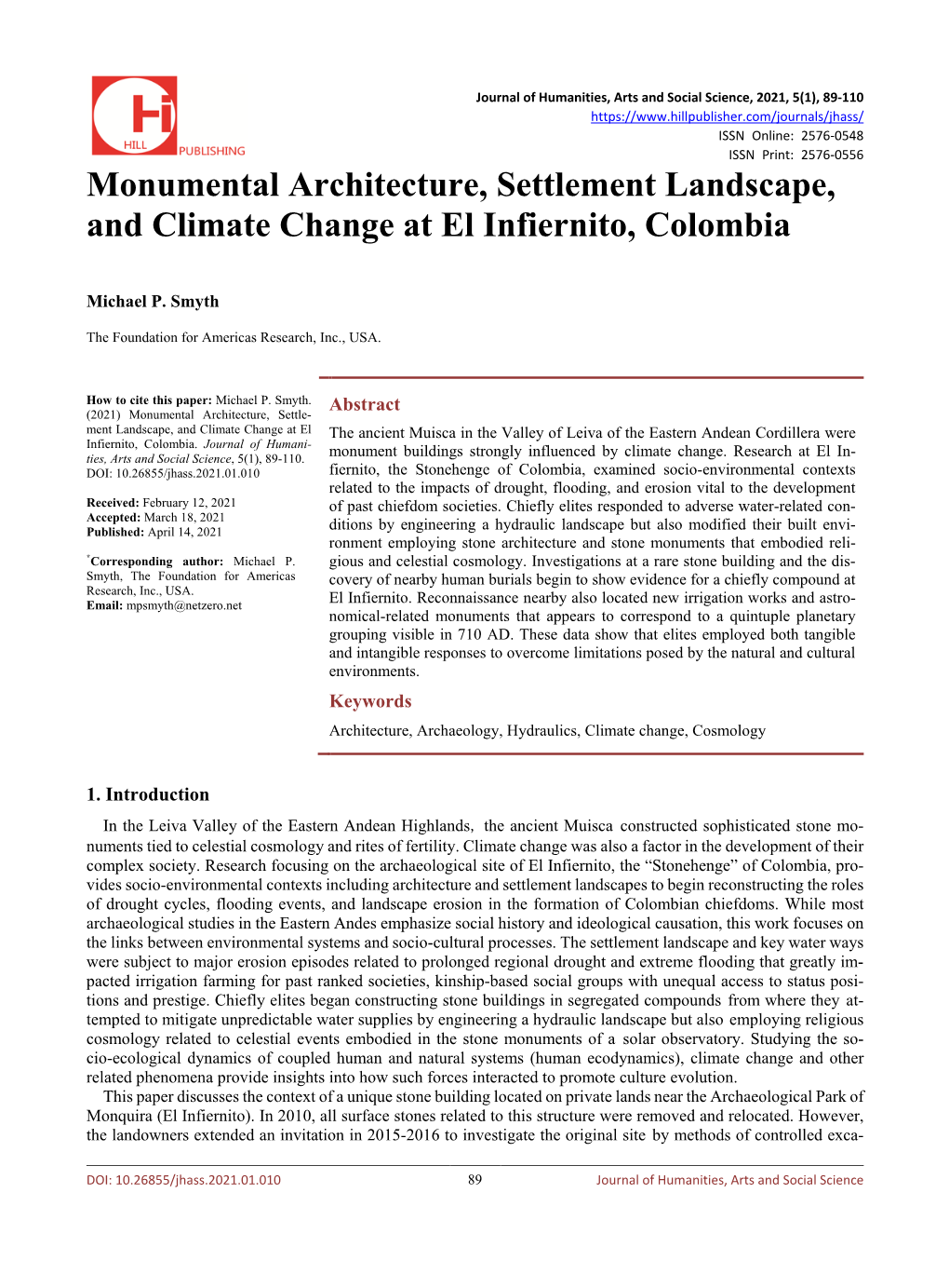 Monumental Architecture, Settlement Landscape, and Climate Change at El Infiernito, Colombia