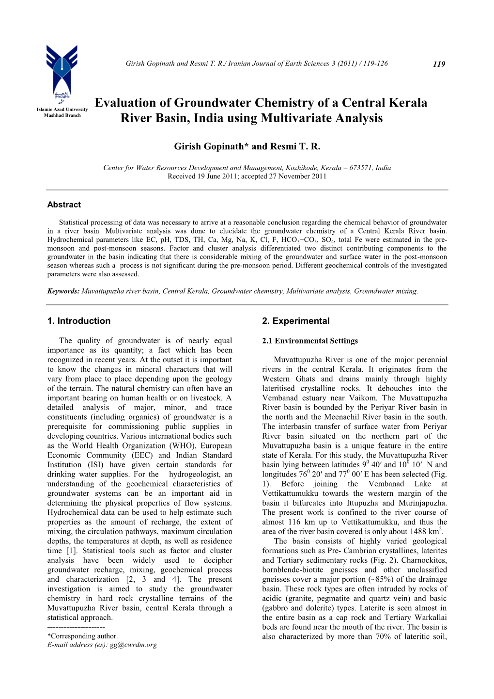 Evaluation of Groundwater Chemistry of a Central Kerala River Basin