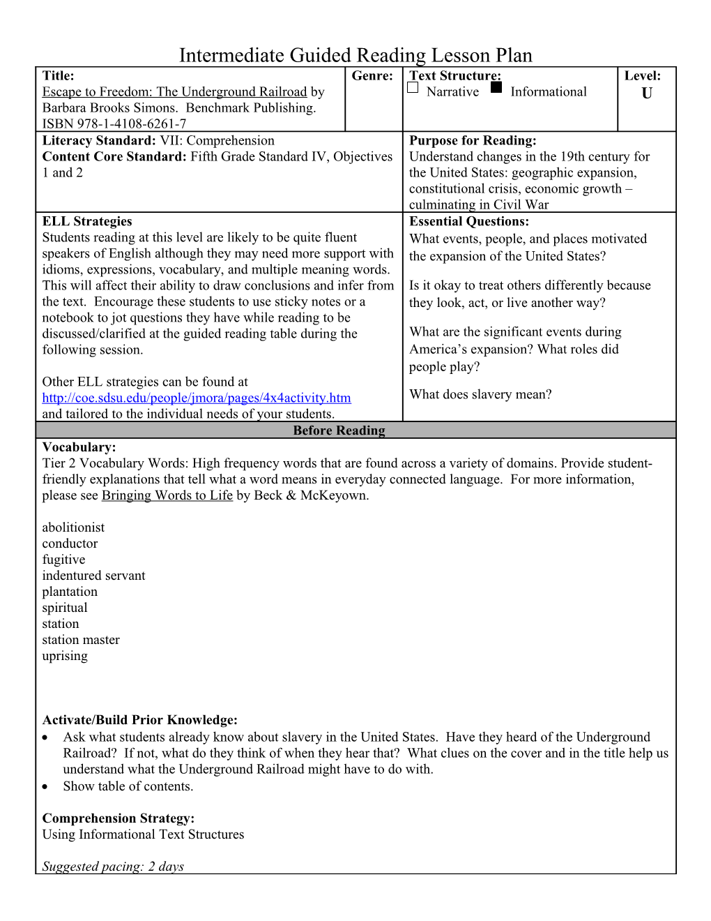 Intermediate Guided Reading Lesson Plan