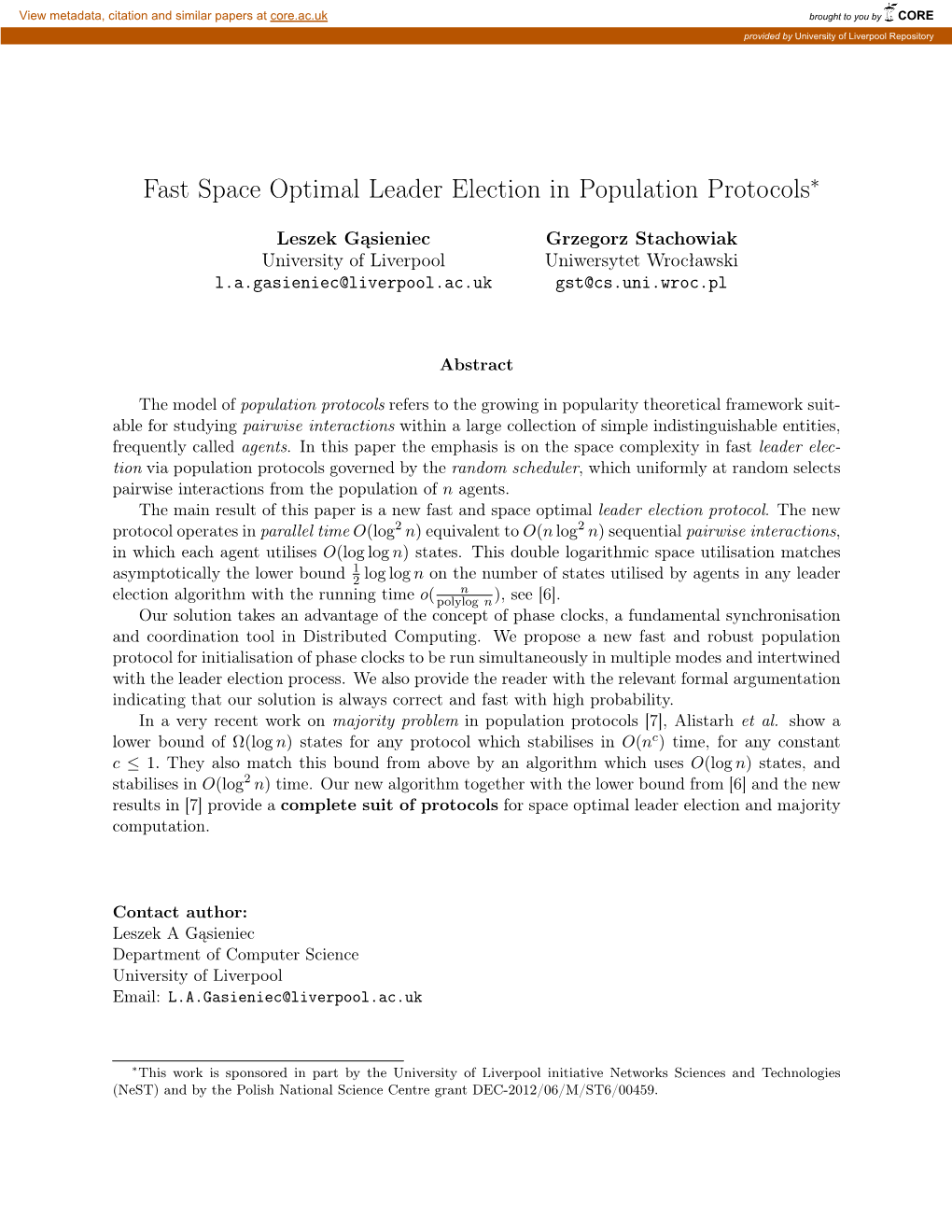 Fast Space Optimal Leader Election in Population Protocols∗