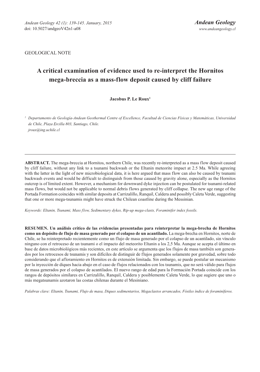 A Critical Examination of Evidence Used to Re-Interpret the Hornitos Mega-Breccia As a Mass-Flow Deposit Caused by Cliff Failure