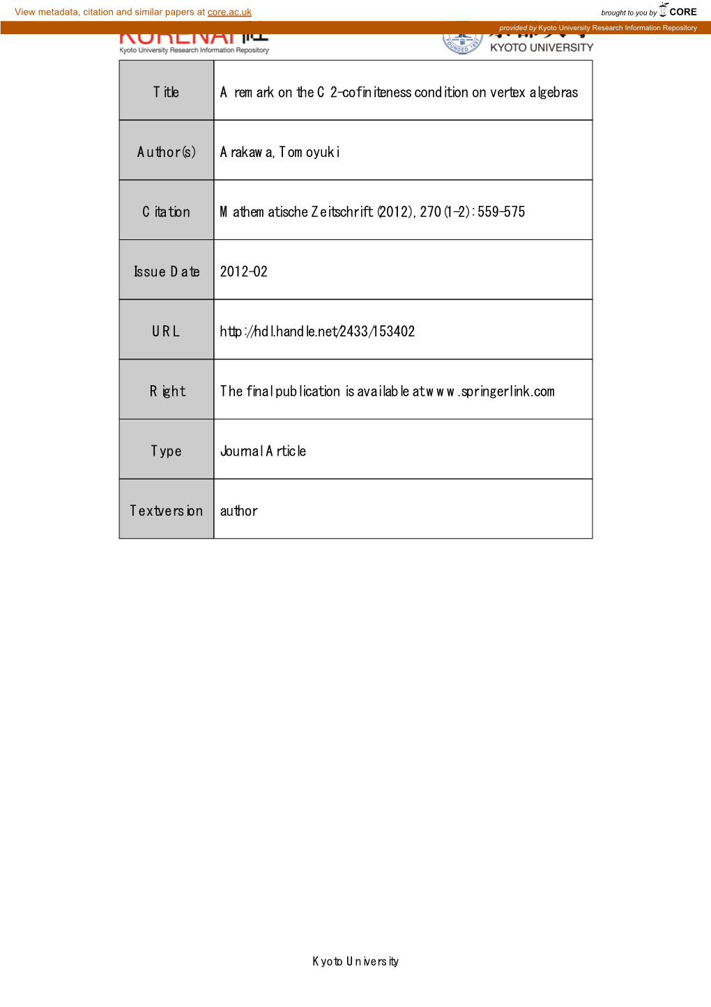 Title a Remark on the C 2-Cofiniteness Condition on Vertex Algebras Author