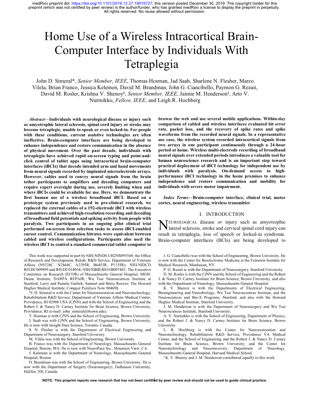 Home Use of a Wireless Intracortical Brain- Computer Interface by Individuals with Tetraplegia