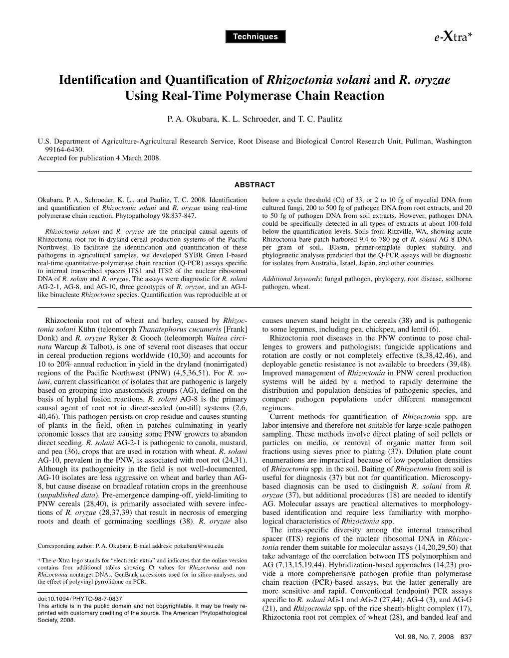 Identification and Quantification of Rhizoctonia Solani and R. Oryzae Using Real-Time Polymerase Chain Reaction