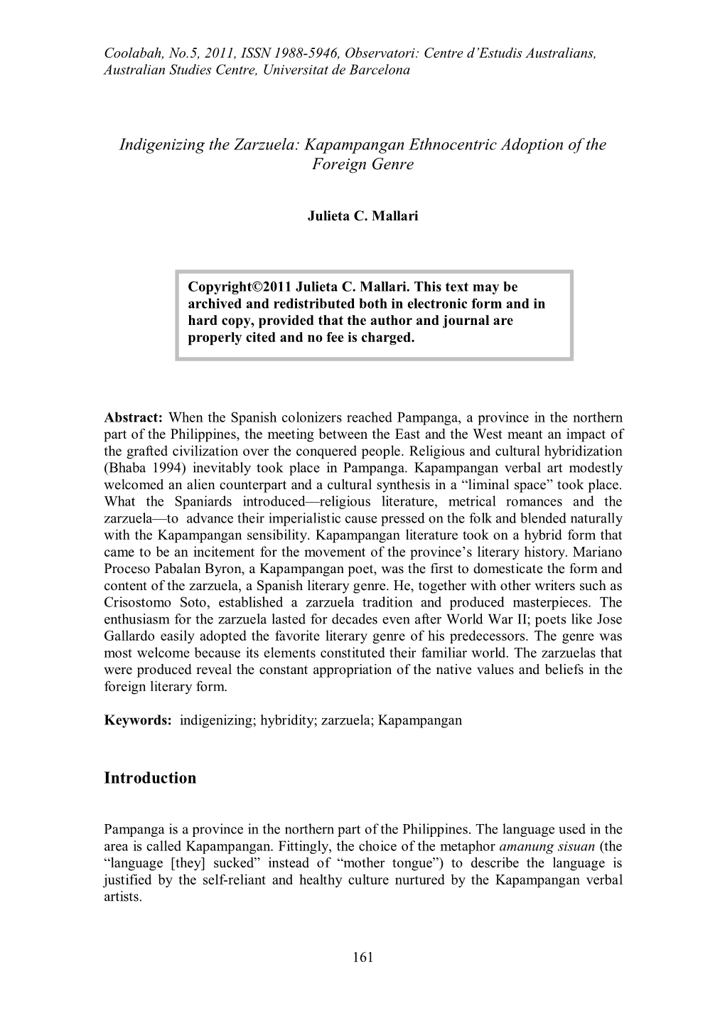 Indigenizing the Zarzuela: Kapampangan Ethnocentric Adoption of the Foreign Genre