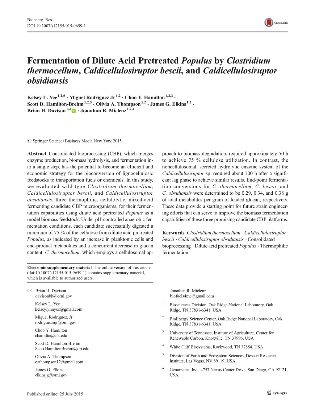 Fermentation of Dilute Acid Pretreated Populus by Clostridium Thermocellum, Caldicellulosiruptor Bescii,Andcaldicellulosiruptor Obsidiansis