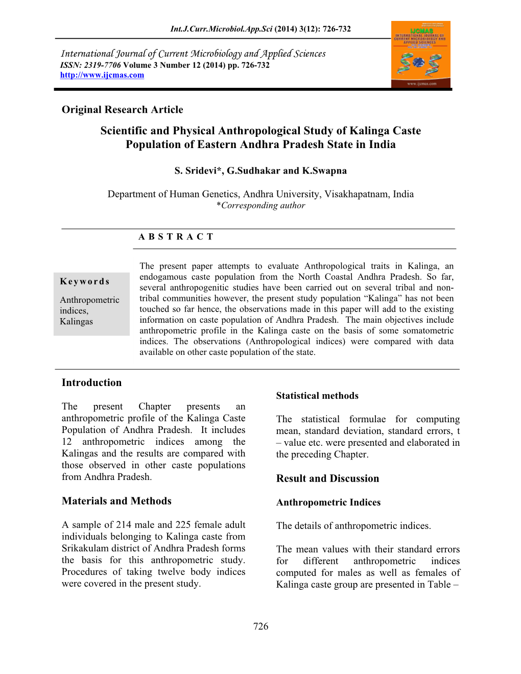 Scientific and Physical Anthropological Study of Kalinga Caste Population of Eastern Andhra Pradesh State in India