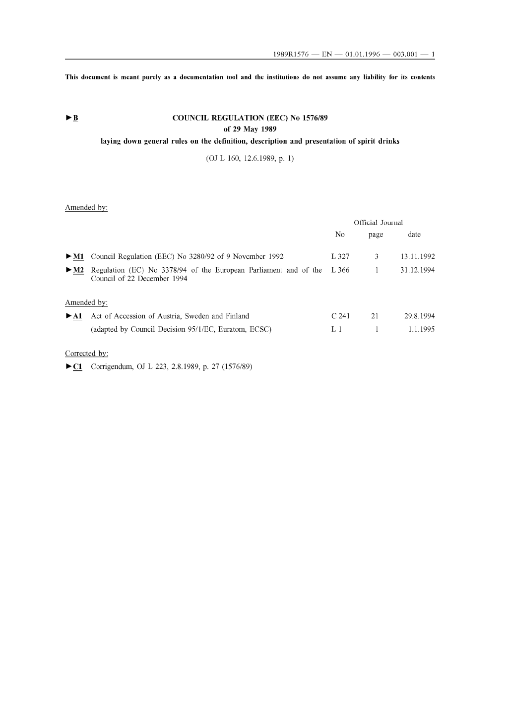 (OJ L 160, 12.6.1989, P. 1) Amended By: ~ M2 Regulation (EC) No 3378/94 of the European