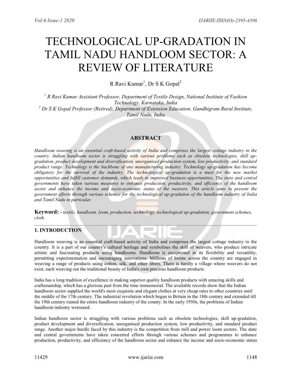 Technological Up-Gradation in Tamil Nadu Handloom Sector: a Review of Literature