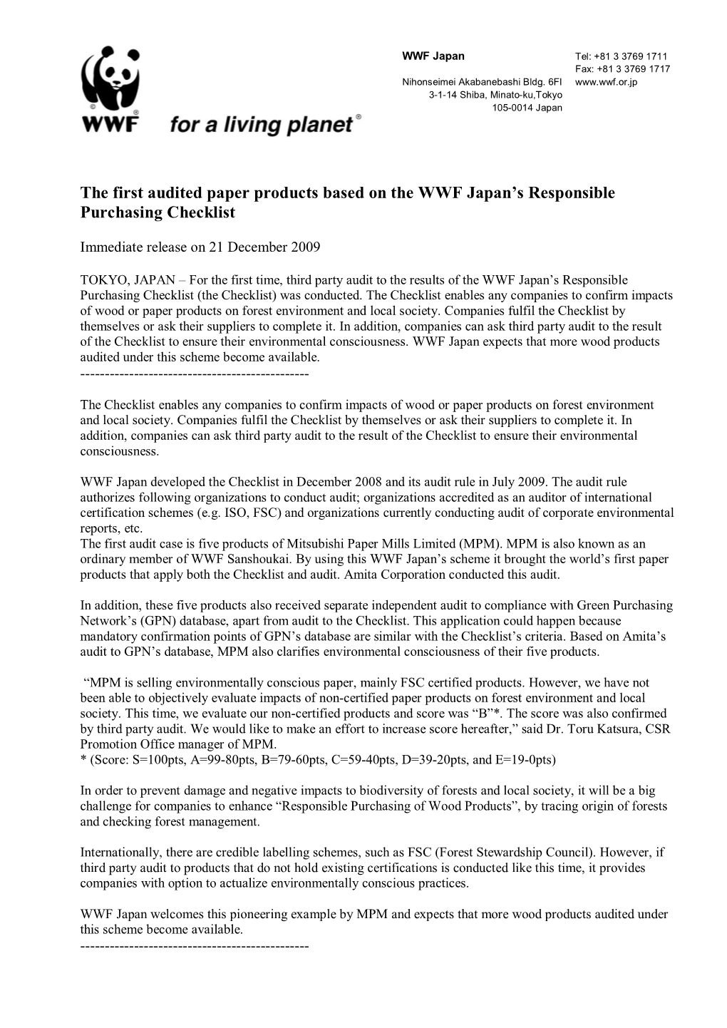 The First Audited Paper Products Based on the WWF Japan's Responsible