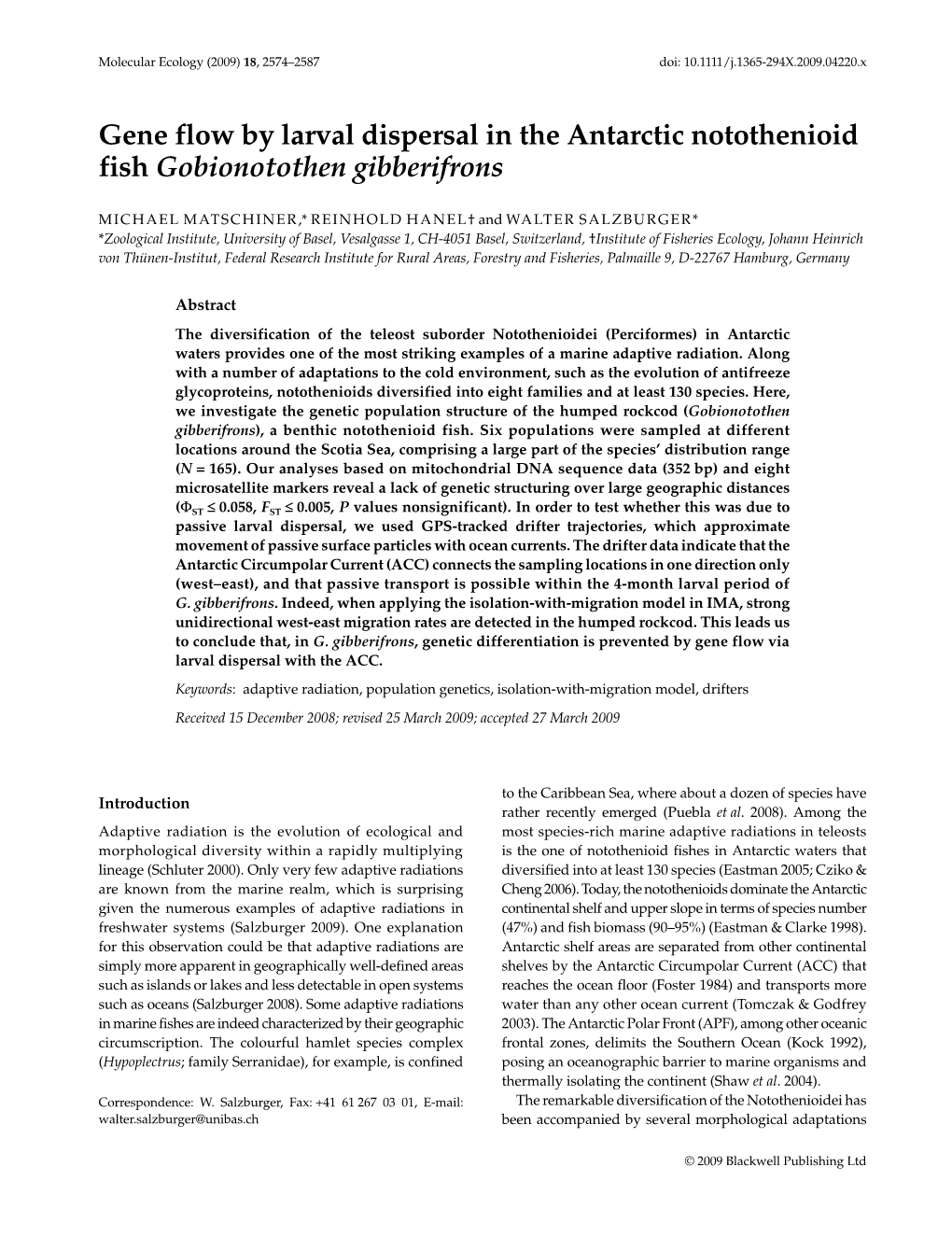 Gene Flow by Larval Dispersal in the Antarctic Notothenioid Fish