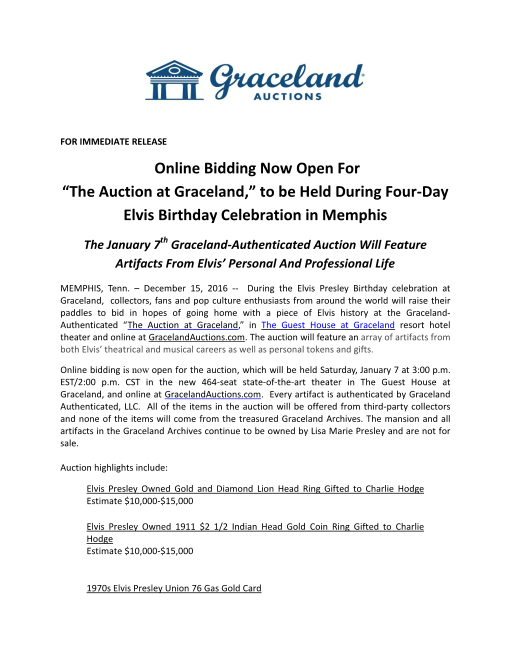 Online Bidding Now Open for “The Auction at Graceland,” to Be Held During Four-Day Elvis Birthday Celebration in Memphis