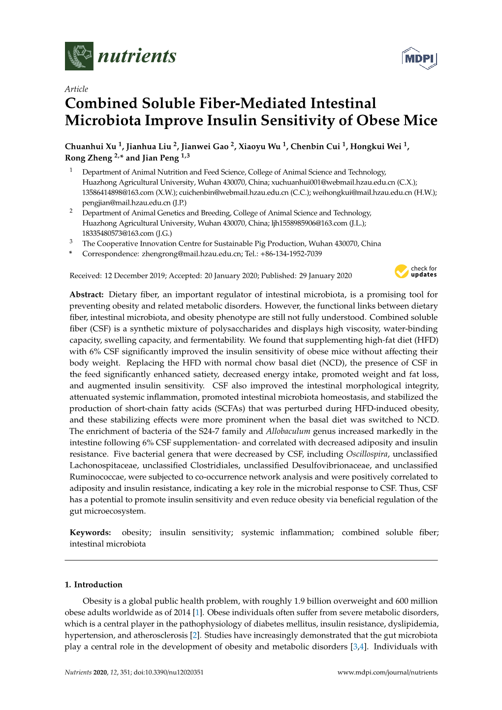 Combined Soluble Fiber-Mediated Intestinal Microbiota Improve Insulin Sensitivity of Obese Mice