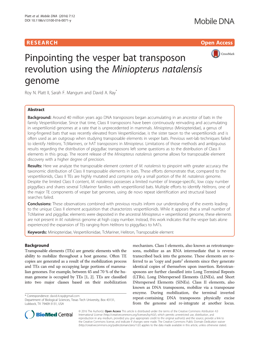 Pinpointing the Vesper Bat Transposon Revolution Using the Miniopterus Natalensis Genome Roy N