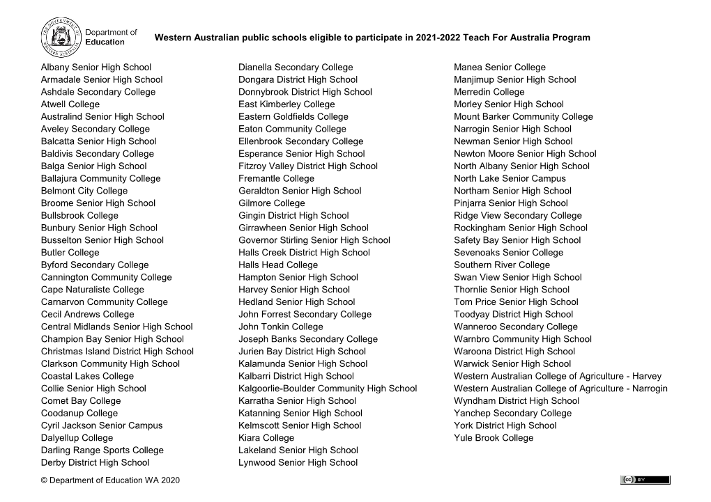 Western Australian Public Schools Eligible to Participate in 2021-2022 Teach for Australia Program