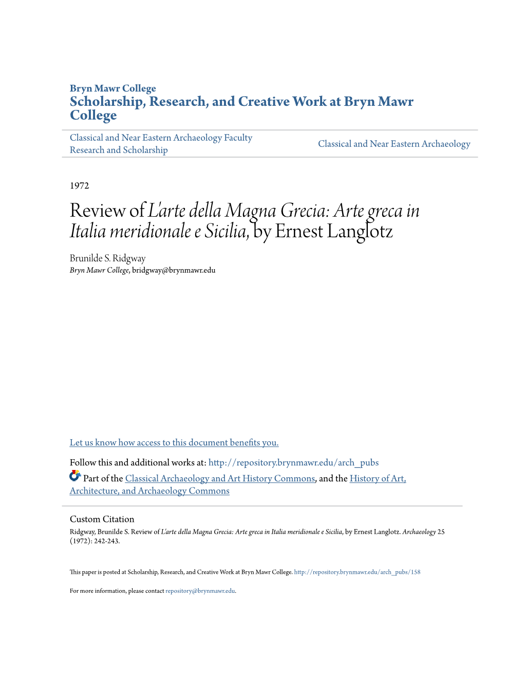 Review of L'arte Della Magna Grecia: Arte Greca in Italia Meridionale E Sicilia, by Ernest Langlotz Brunilde S