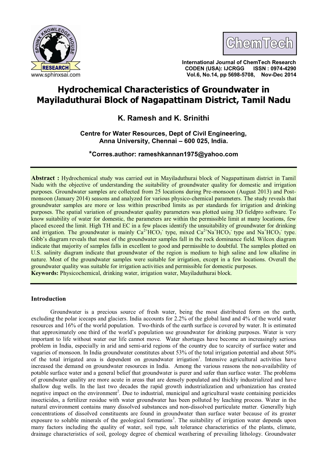 Physiochemical Characteristics of Groundwater and Its Suitability For