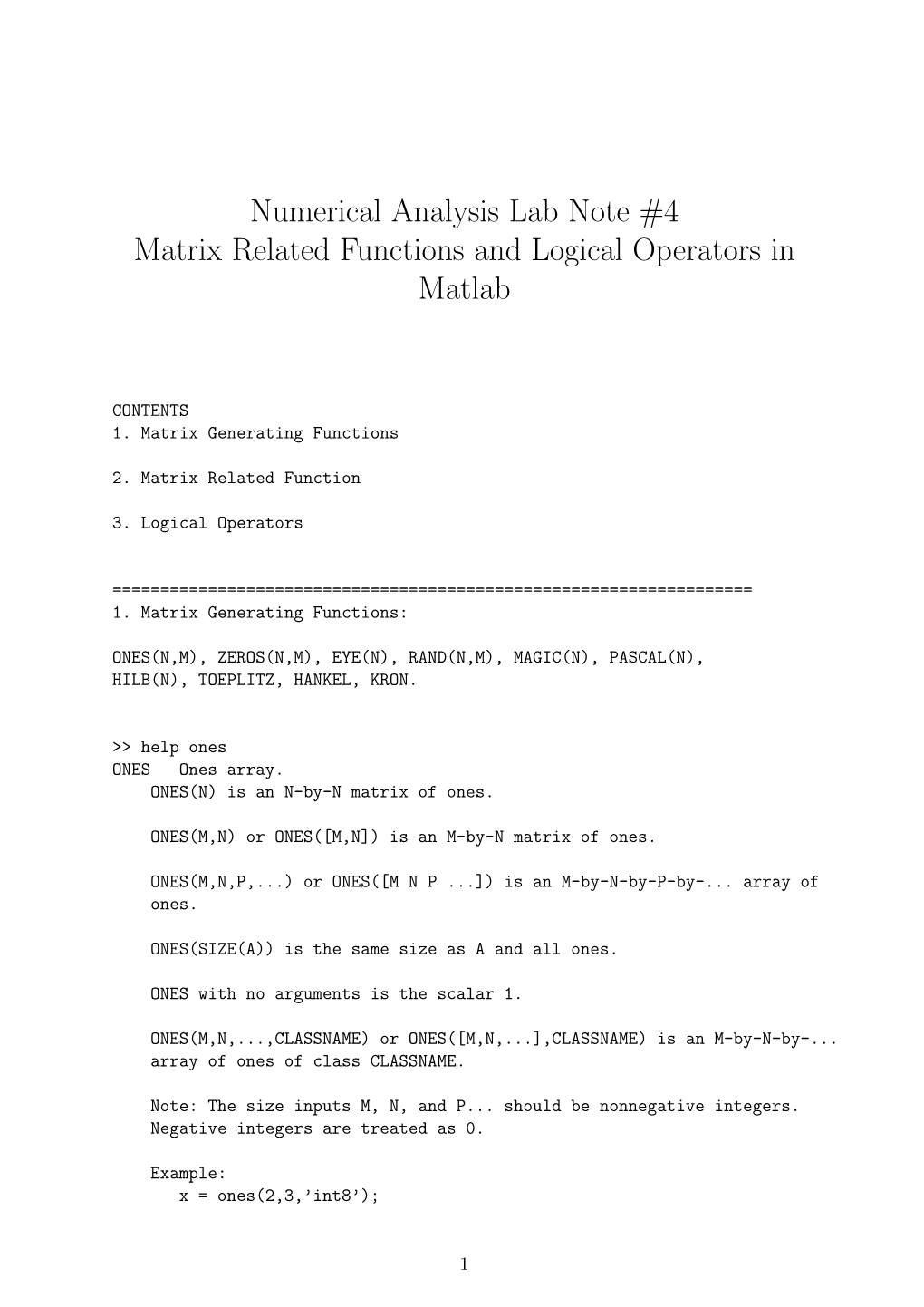 Numerical Analysis Lab Note #4 Matrix Related Functions and Logical Operators in Matlab