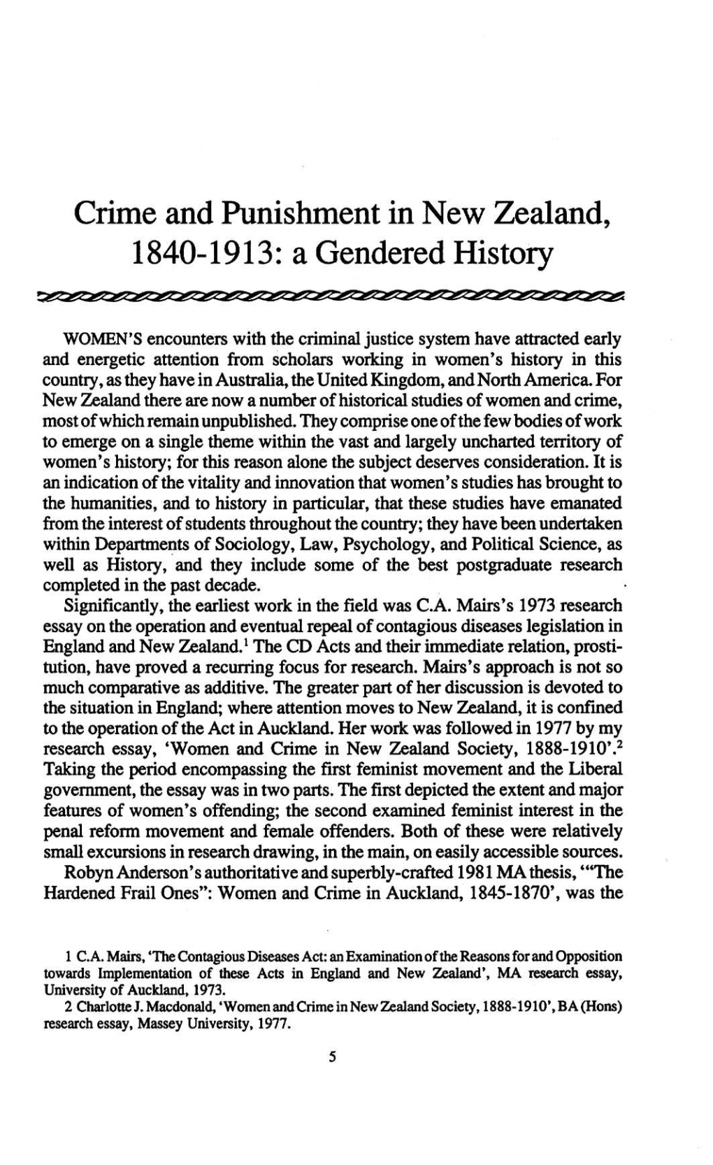 Crime and Punishment in New Zealand, 1840-1913: a Gendered History