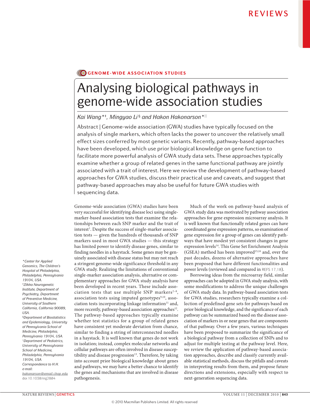 Analysing Biological Pathways in Genome-Wide Association Studies