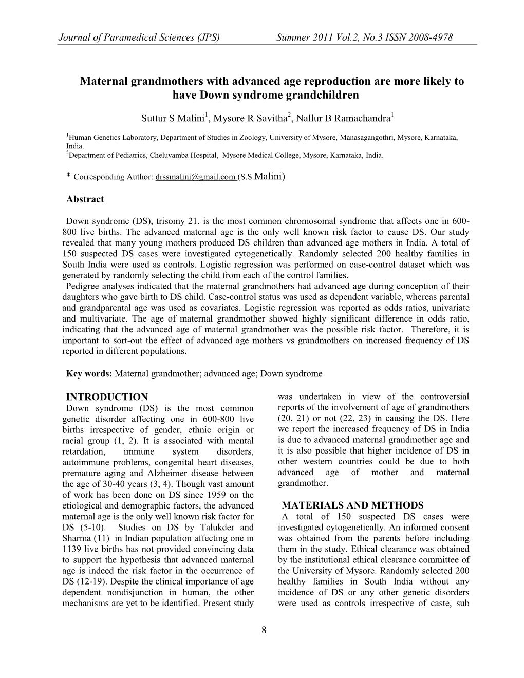 Maternal Grandmothers with Advanced Age Reproduction Are More Likely to Have Down Syndrome Grandchildren