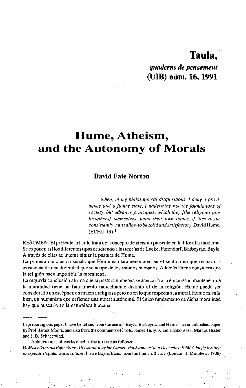 Hume, Atheism, and the Autonomy of Morals