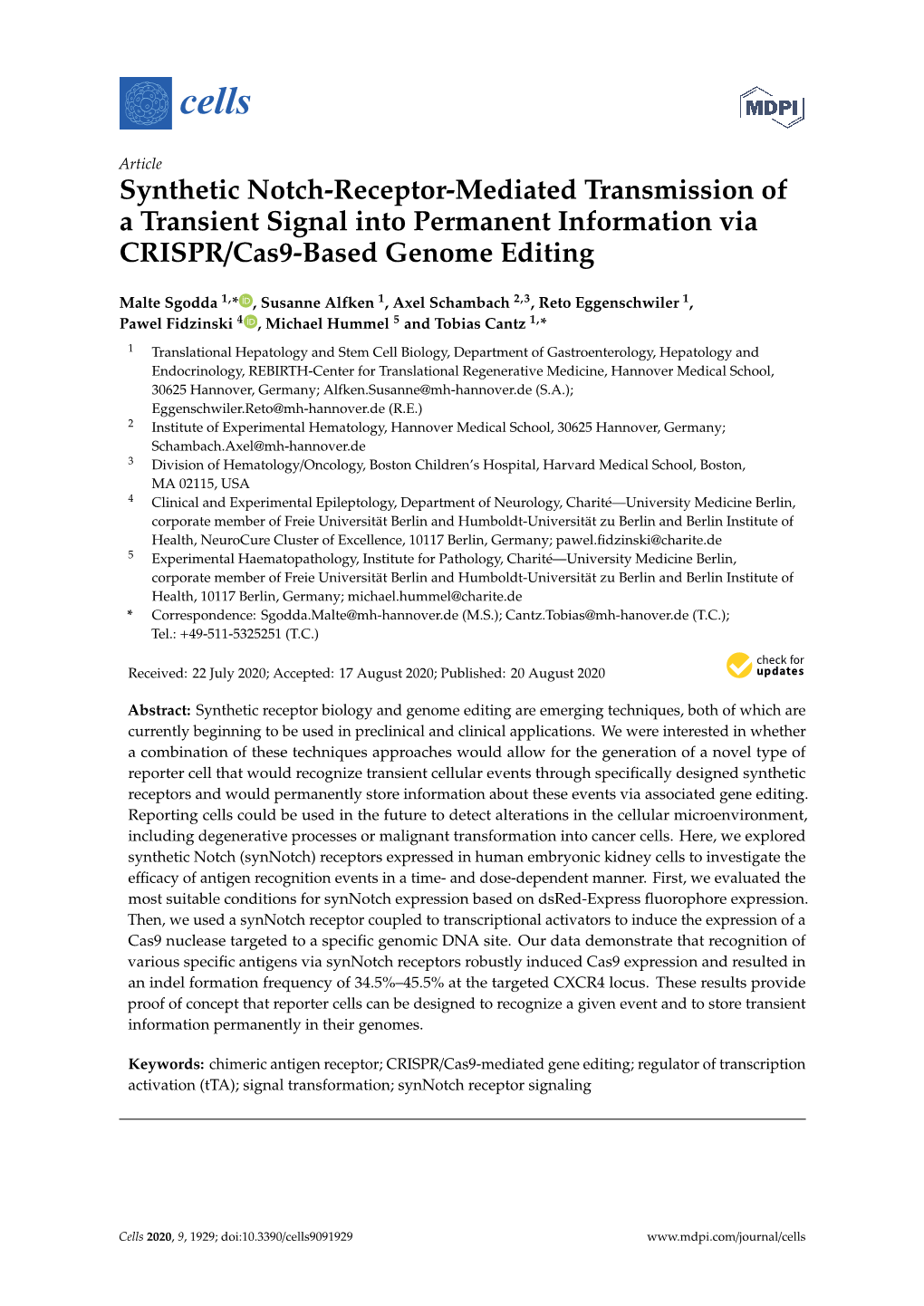 Synthetic Notch-Receptor-Mediated Transmission of a Transient Signal Into Permanent Information Via CRISPR/Cas9-Based Genome Editing