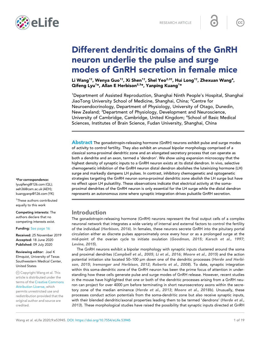 Different Dendritic Domains of the Gnrh Neuron Underlie the Pulse and Surge Modes of Gnrh Secretion in Female Mice