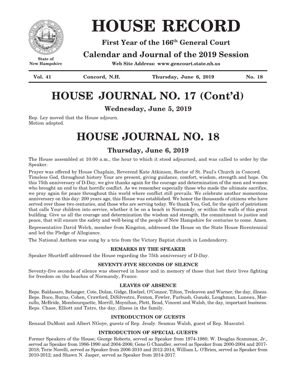 HOUSE JOURNAL NO. 17 (Cont’D) Wednesday, June 5, 2019 Rep