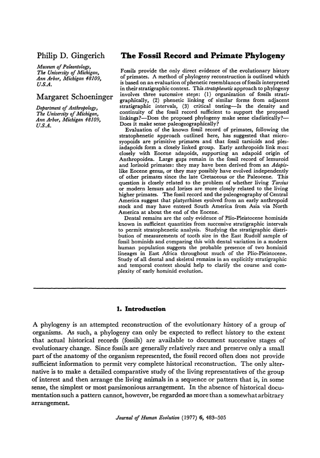 Philip D. Gingerich Margaret Schoeninger the Fossil Record