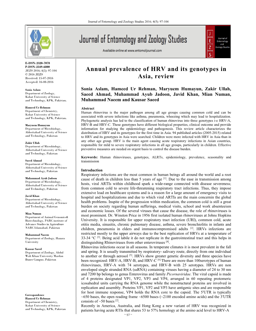 Annual Prevalence of HRV and Its Genotypes in Asia, Review