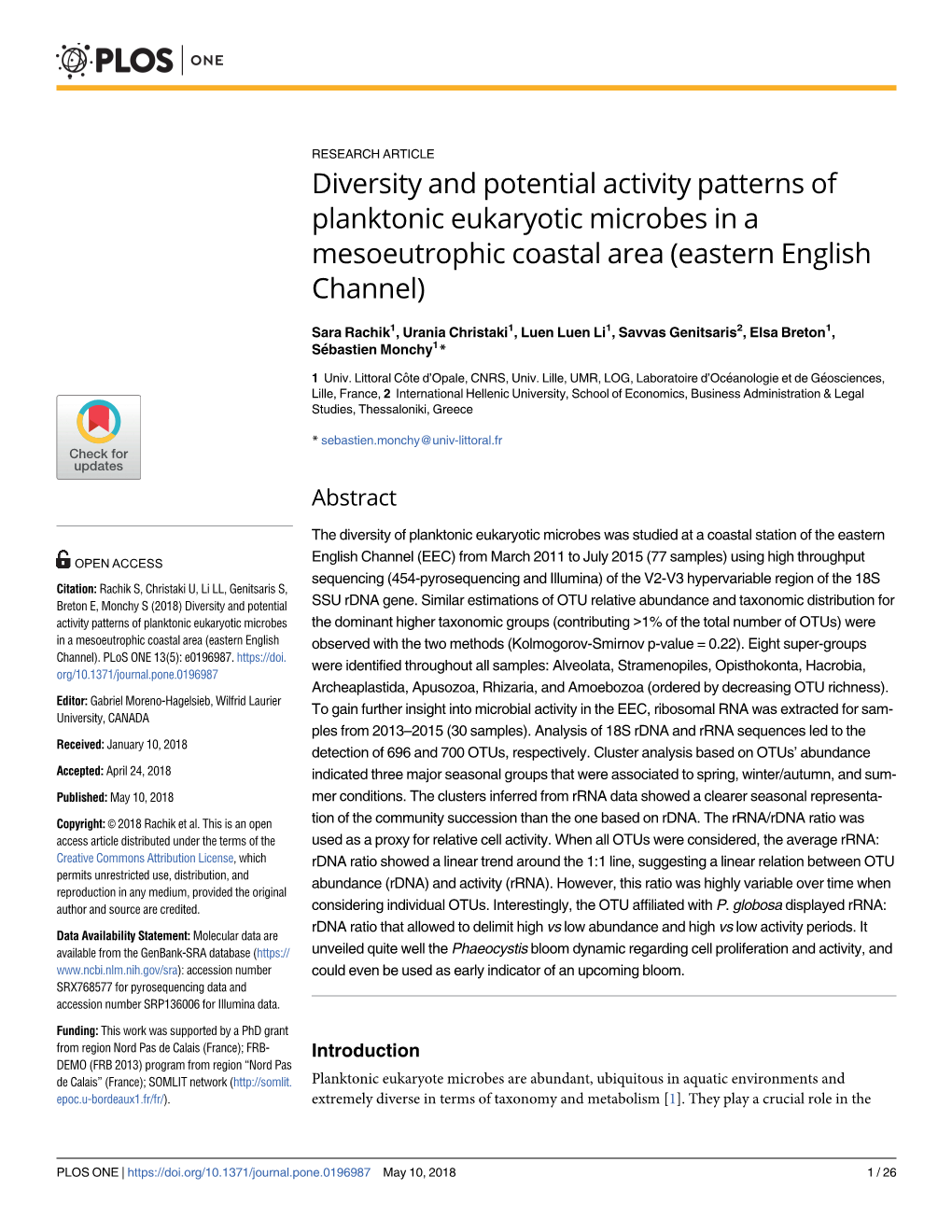 Diversity and Potential Activity Patterns of Planktonic Eukaryotic Microbes in a Mesoeutrophic Coastal Area (Eastern English Channel)