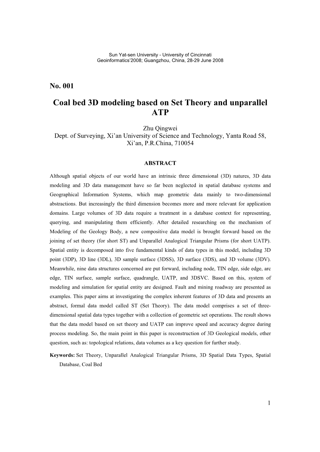 Coal Bed 3D Modeling Based on Set Theory and Unparallel ATP