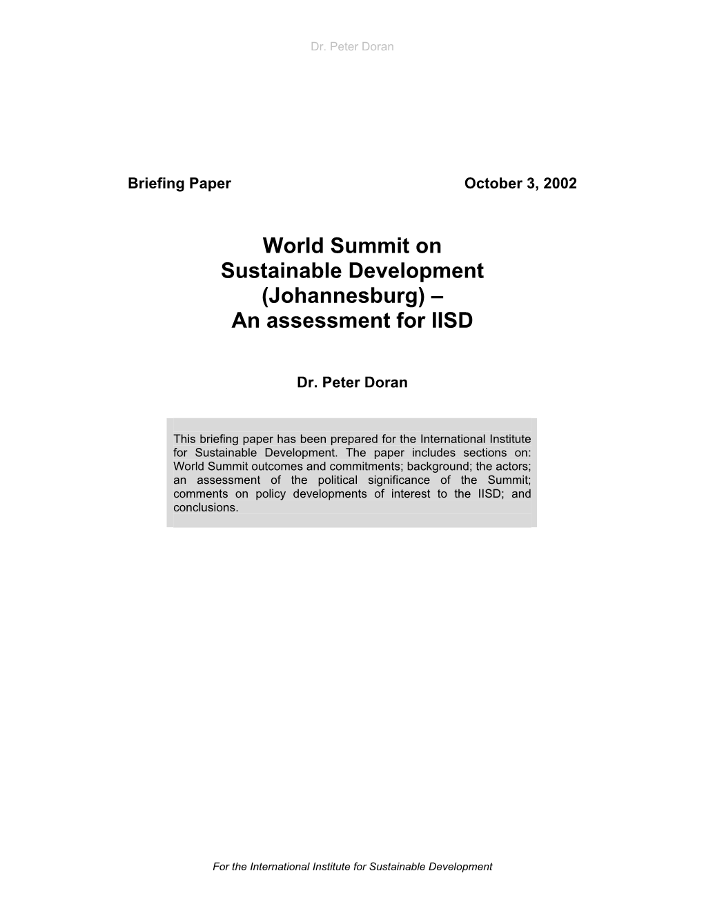 World Summit on Sustainable Development: an Assessment for IISD