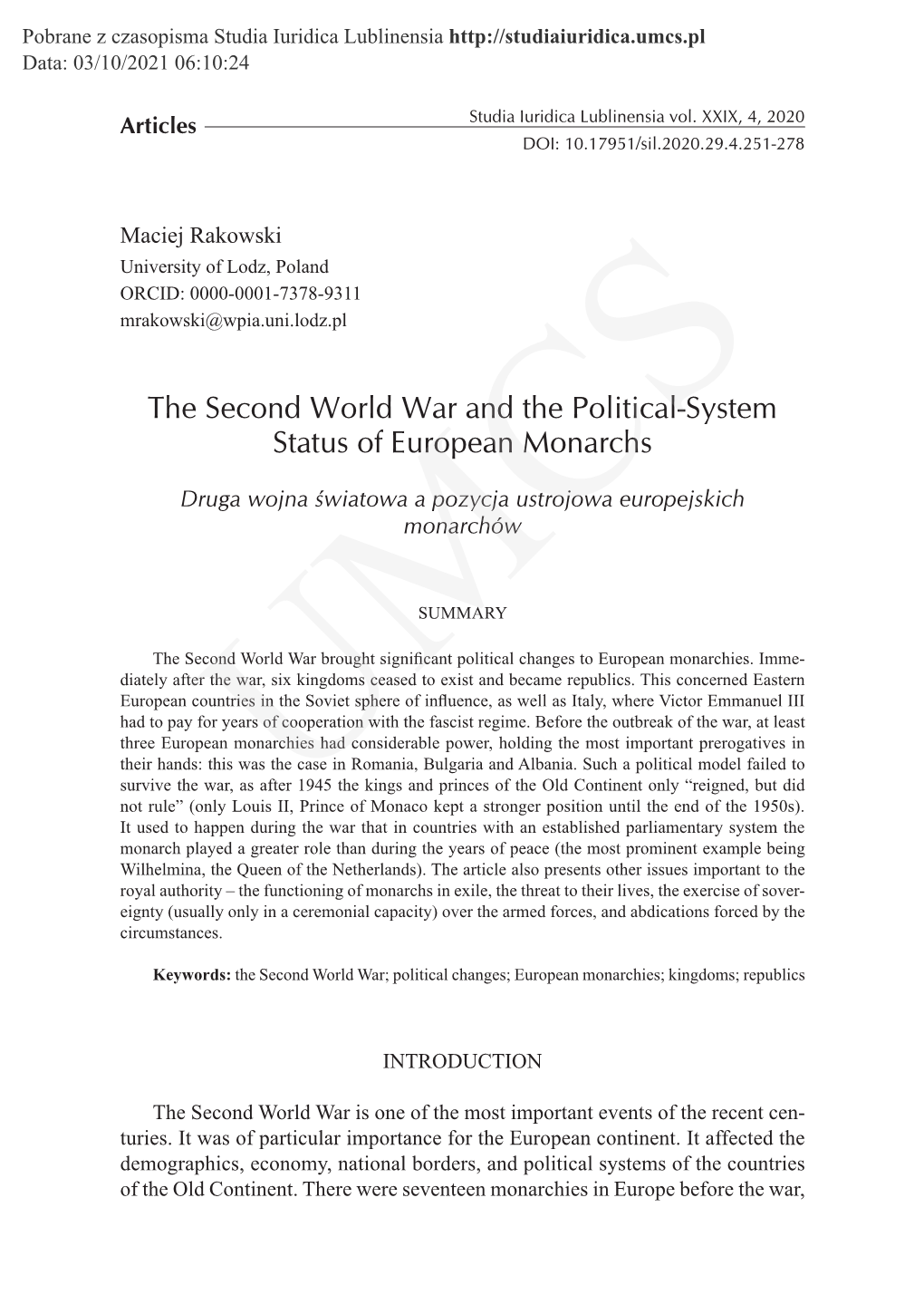 The Second World War and the Political-System Status of European Monarchs