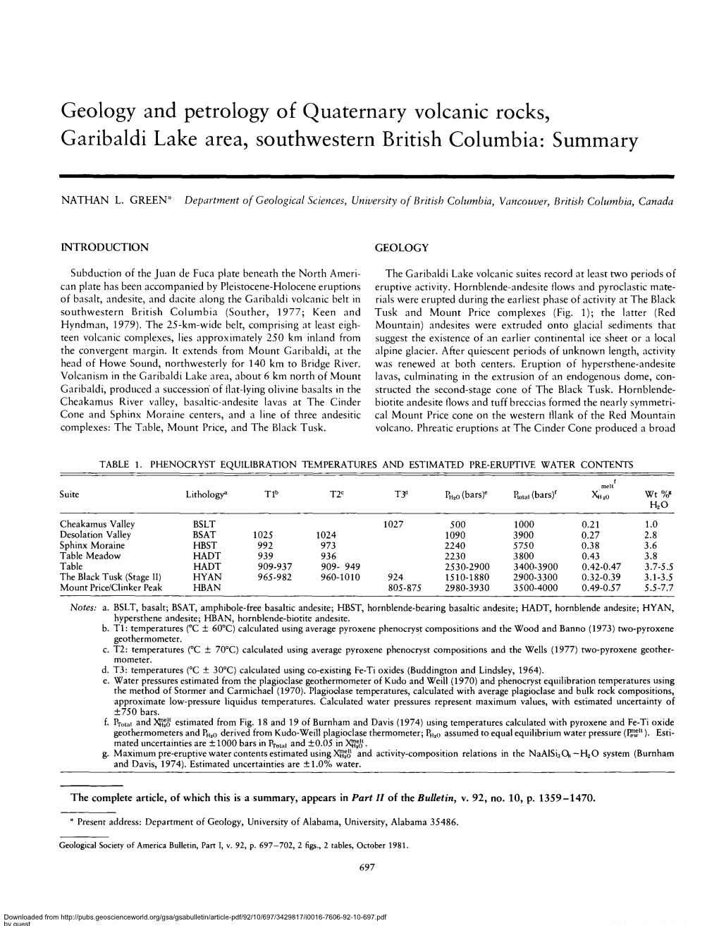 Geology and Petrology of Quaternary Volcanic Rocks, Garibaldi Lake Area, Southwestern British Columbia: Summary