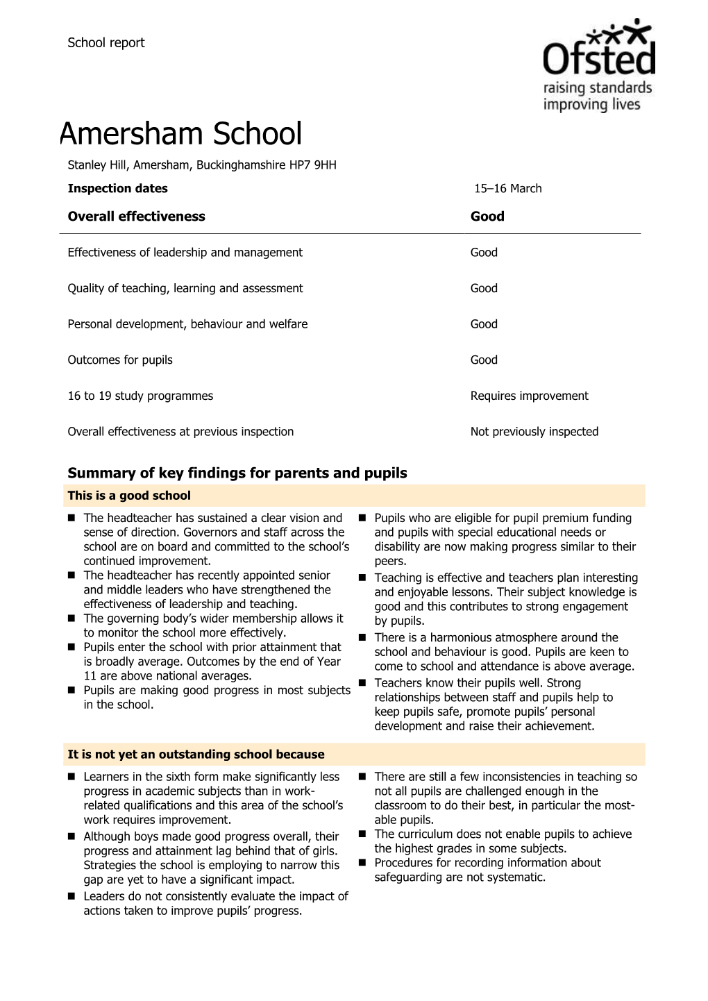 Amersham School Stanley Hill, Amersham, Buckinghamshire HP7 9HH Inspection Dates 15–16 March